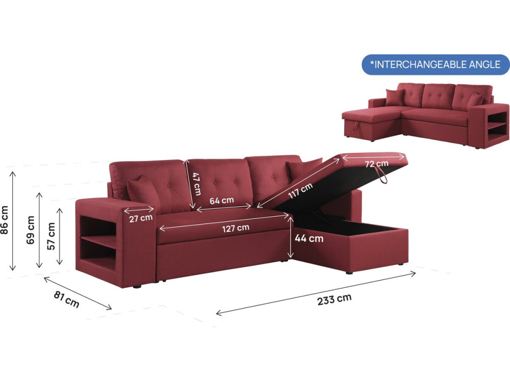 Canapé d'angle convertible/réversible "Axel" - 3 places - Rouge