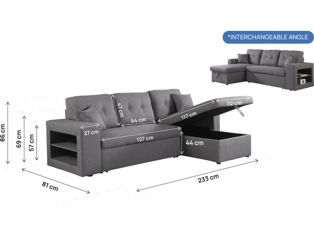 Canapé d'angle convertible/réversible "Axel" - 3 places - Gris