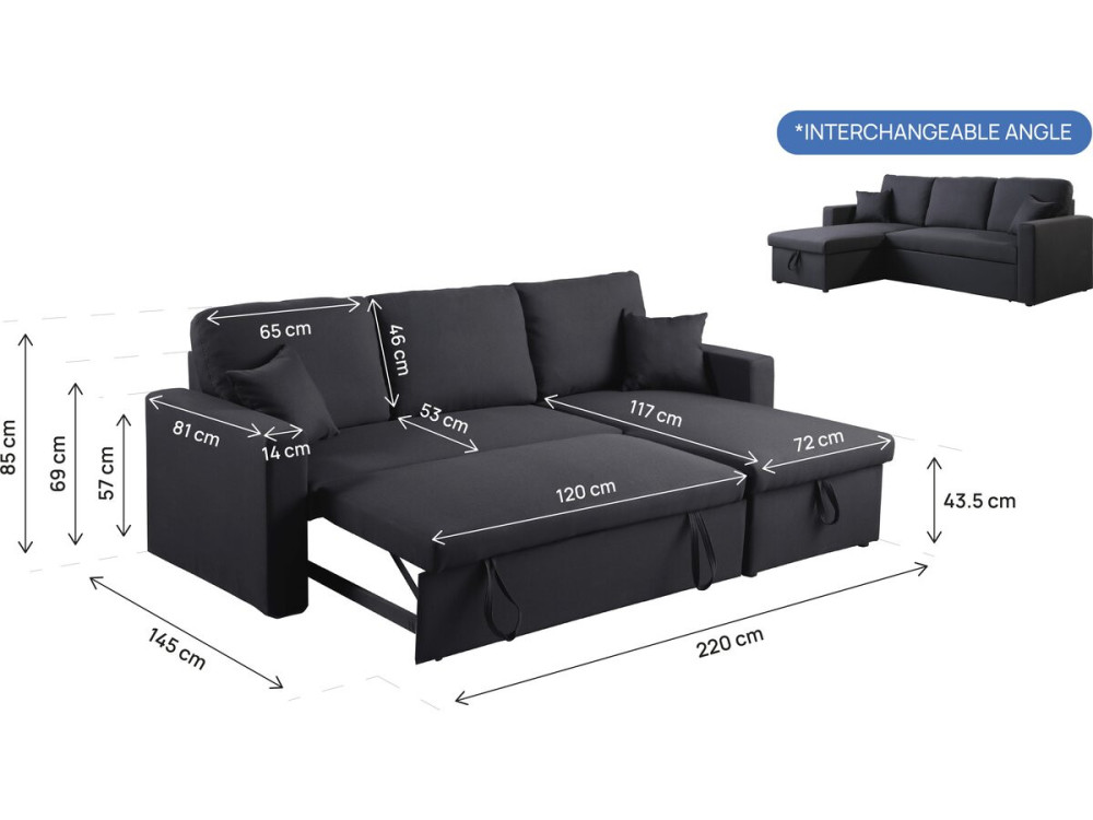 Canapé d'angle convertible/ réversible "Alain" - 221 x 145 x 85 cm - 3 places - Noir
