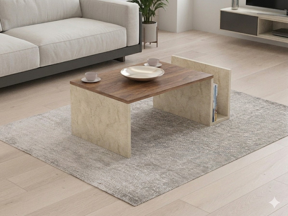 Table Basse en bois " Memo " - 86,8 x 32,4 x 50 cm - Travertin / Noyer Venezia