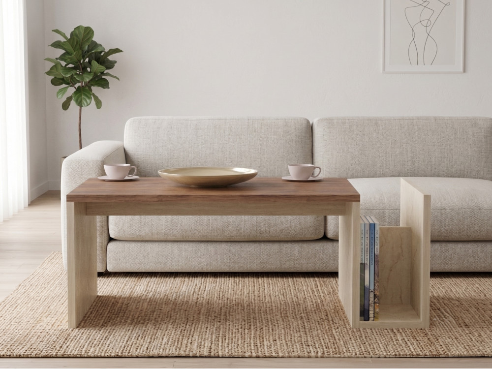 Table Basse en bois " Memo " - 86,8 x 32,4 x 50 cm - Travertin / Noyer Venezia