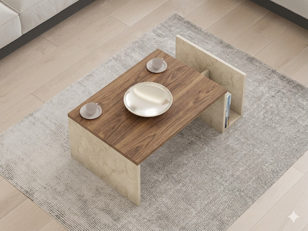 Table Basse en bois " Memo " - 86,8 x 32,4 x 50 cm - Travertin / Noyer Venezia