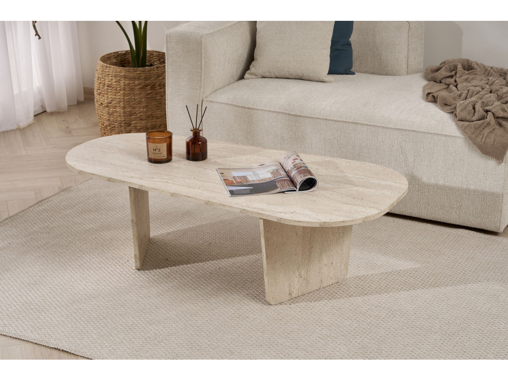 Table basse en bois "Ovalis" - 130 x 65 x 40 cm - Travertin