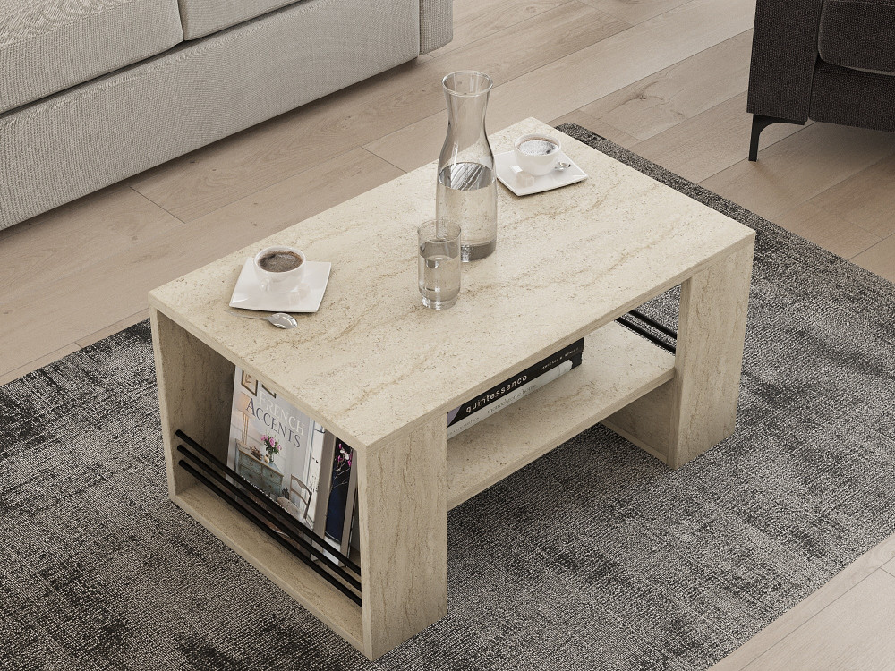 Table basse en bois "Iris" - 80 x 50 x 40 cm - Travertin