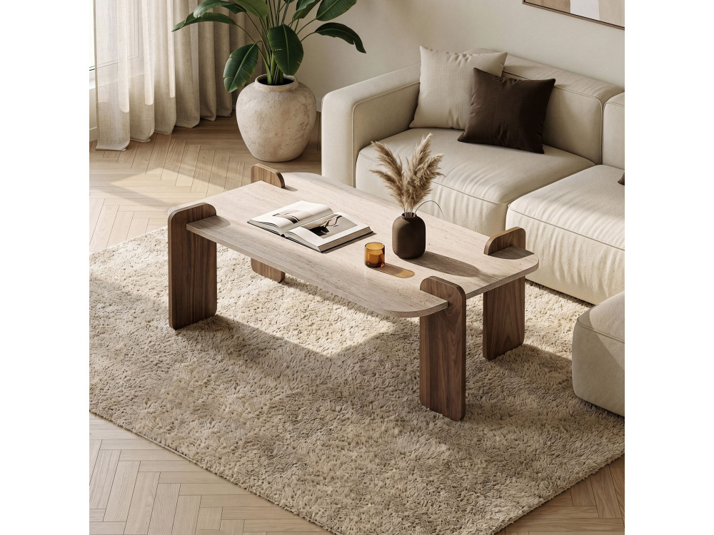 Table Basse en bois " Renard " - 147 x 35 x 87 cm - Travertin / Noyer Venezia