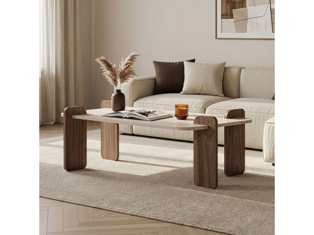 Table Basse en bois " Renard " - 147 x 35 x 87 cm - Travertin / Noyer Venezia
