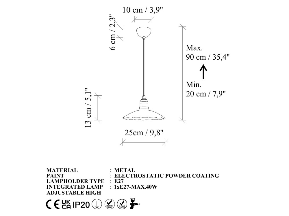 Lampe suspendue en métal "Volan" - 25 x 25 cm - Bordeaux