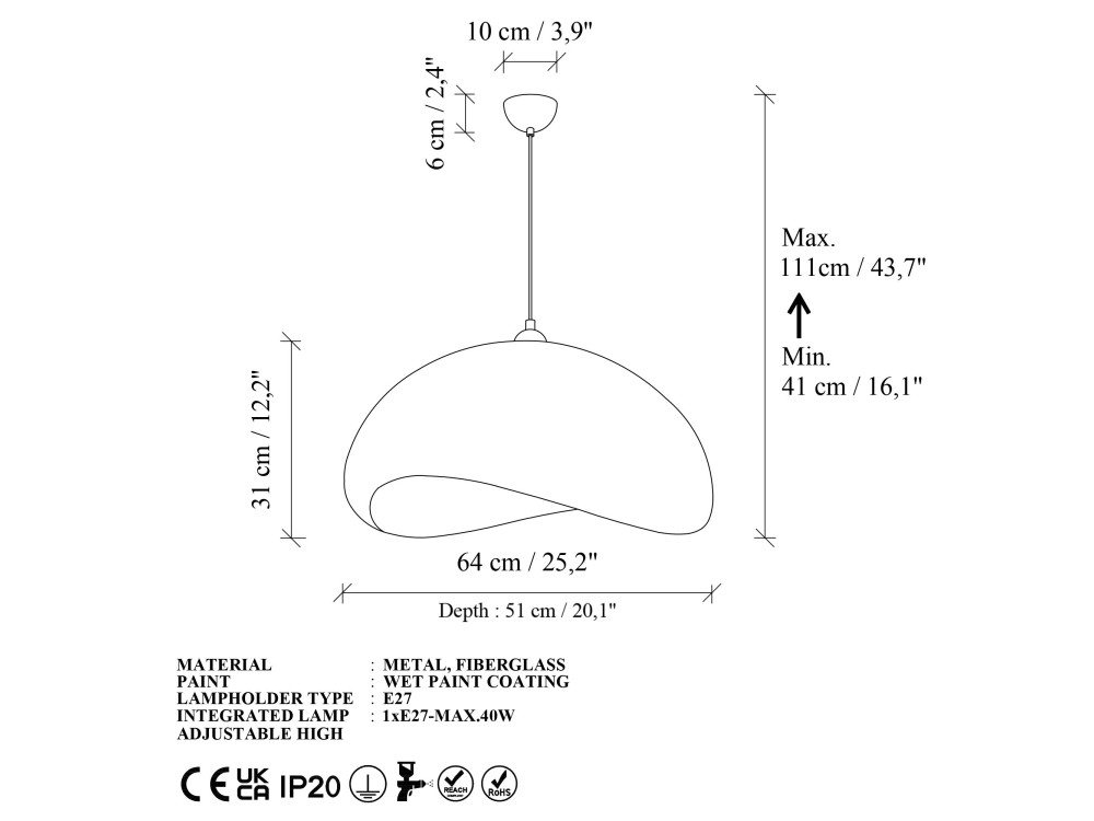 Lampe suspendue en métal "Vegas" - 64 x 51 cm - Beige