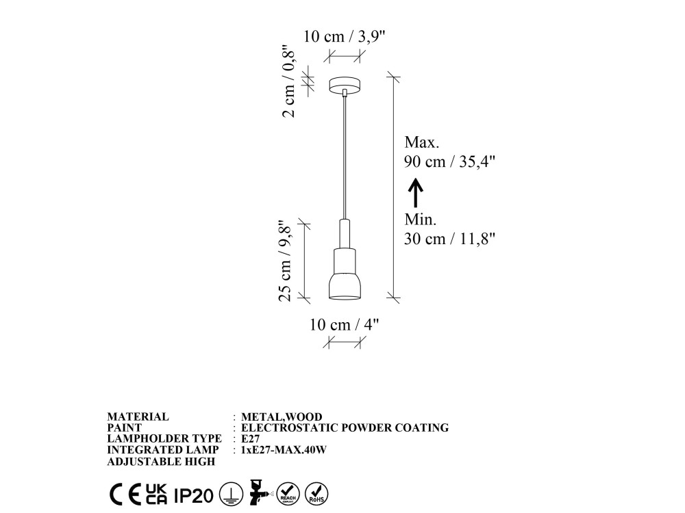 Lampe suspendue en métal "Elwood" - 10 x 25 cm - Marron