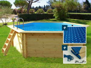 Piscine bois "Hawai" - 4.10 x 1.20 m + Bâche à bulles 180 + Bâche hiver 280 gr/m²