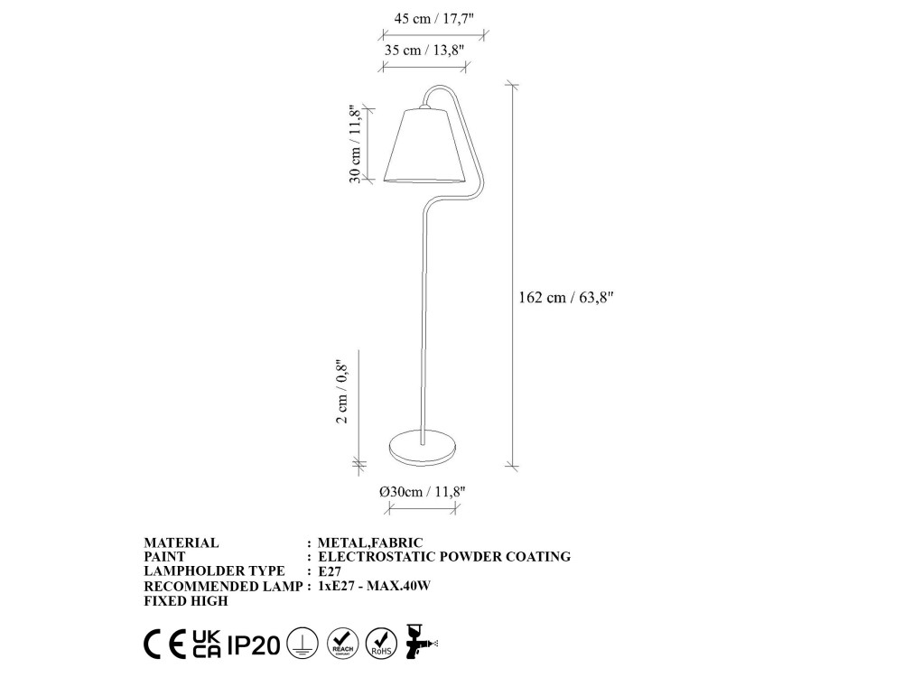 Lampadaire en métal "Altur" - 45 x 35 x 162 cm - Blanc