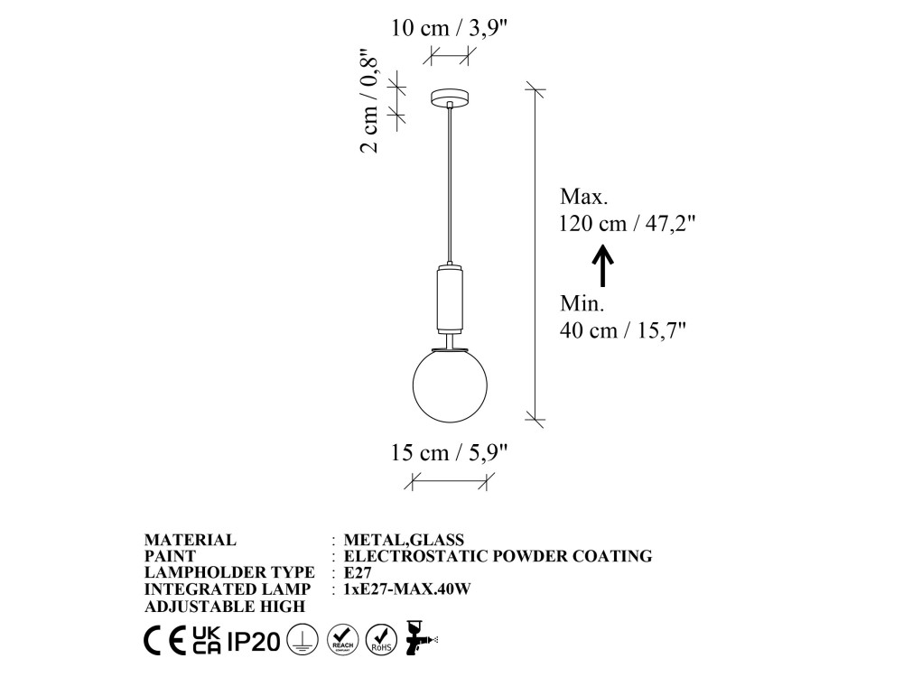 Lampe suspendue en métal "Moira" - 15 x 15 x 120 cm - Beige