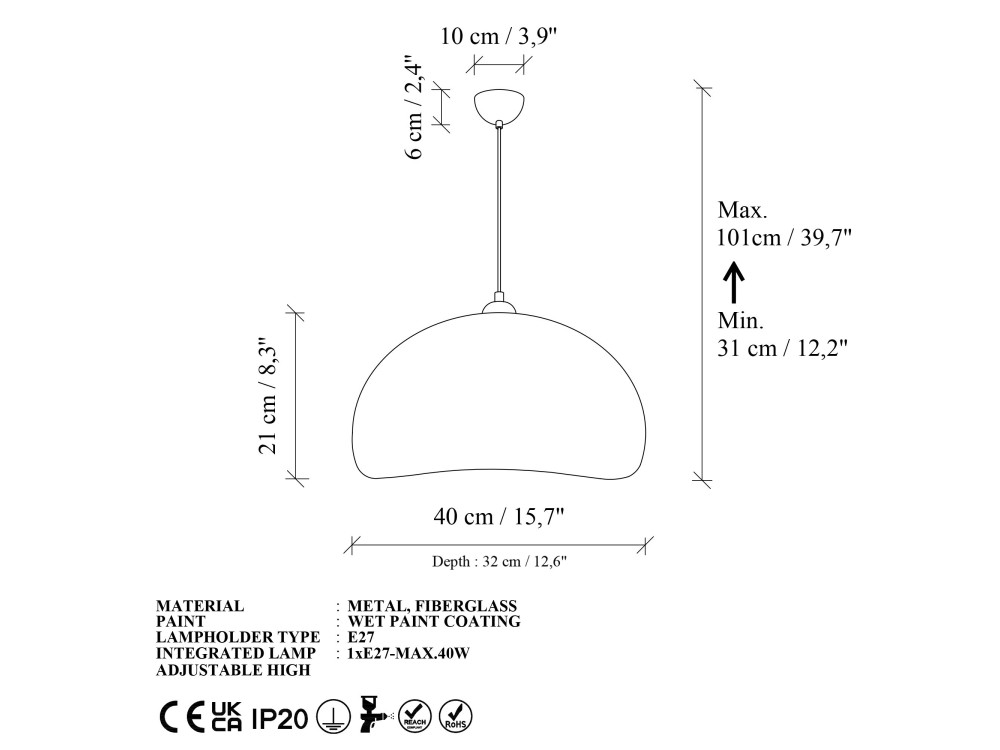 Lampe suspendue en métal "Beta" - 40 x 32 cm - Beige