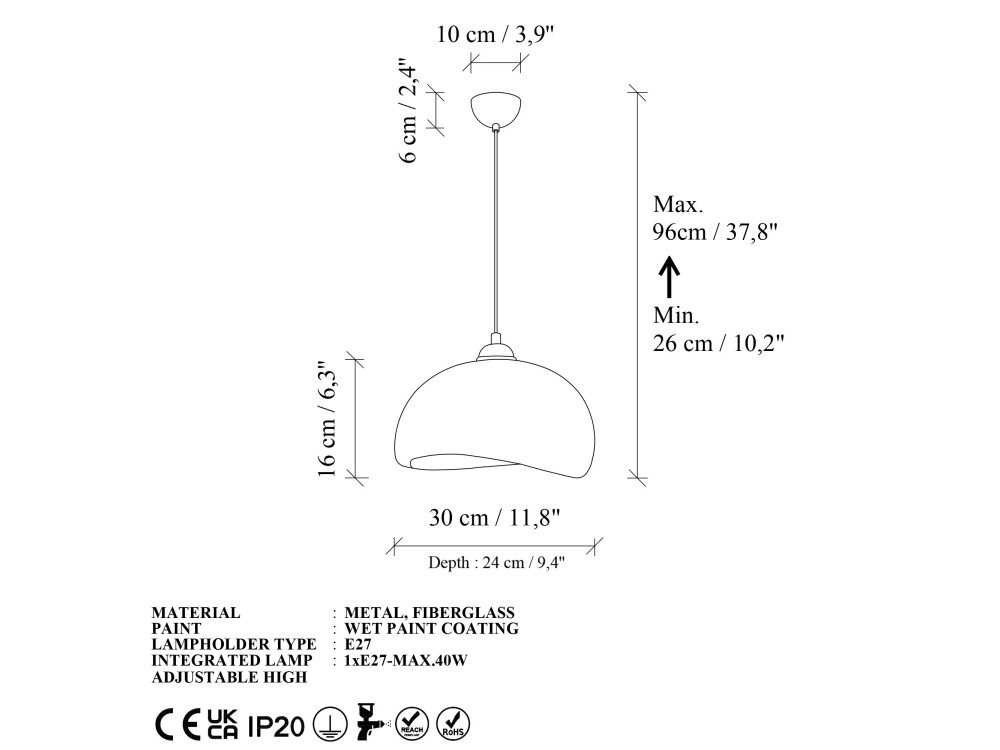 Lampe suspendue en métal "Beta" - 30 x 24 cm - Blanc