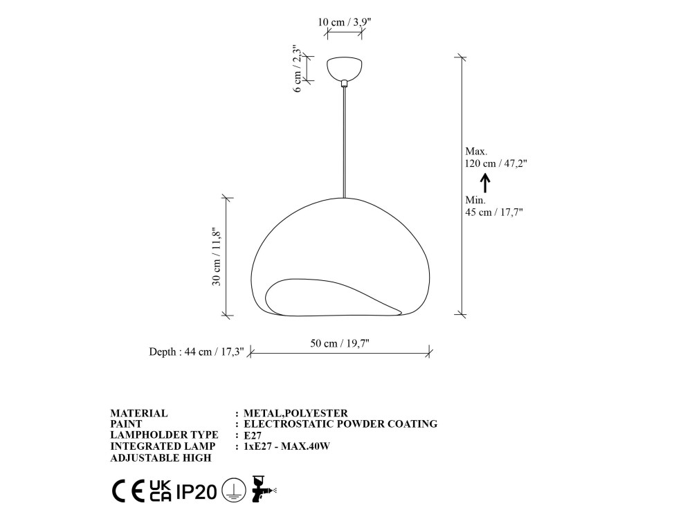 Lampe suspendue en métal "Loval" - 50 x 44 cm - Blanc