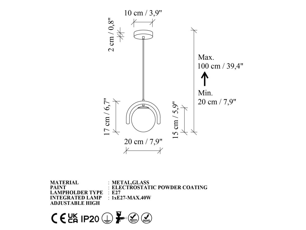 Lampe suspendue en métal "GEDIK-20441" - 20 x 20 cm - Noir