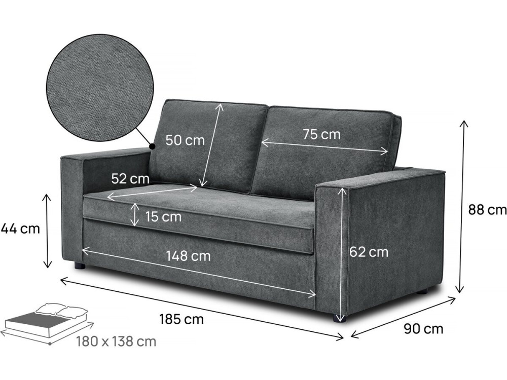 Canapé convertible express en tissu "Clara" - 185 x 90 x 88 cm - Gris
