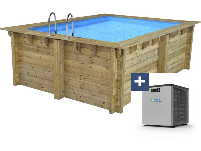 Piscine bois rectangle " Caimans  " - 4.10 x 3.00 x 1.24  m + Mini pompe à chaleur 3.5kW - Métal - Gris