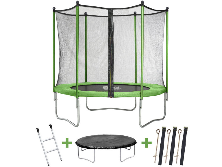Trampoline "Yoopi" - Ø 2.44 m - Avec filet + échelle + couverture + kit d'ancrage