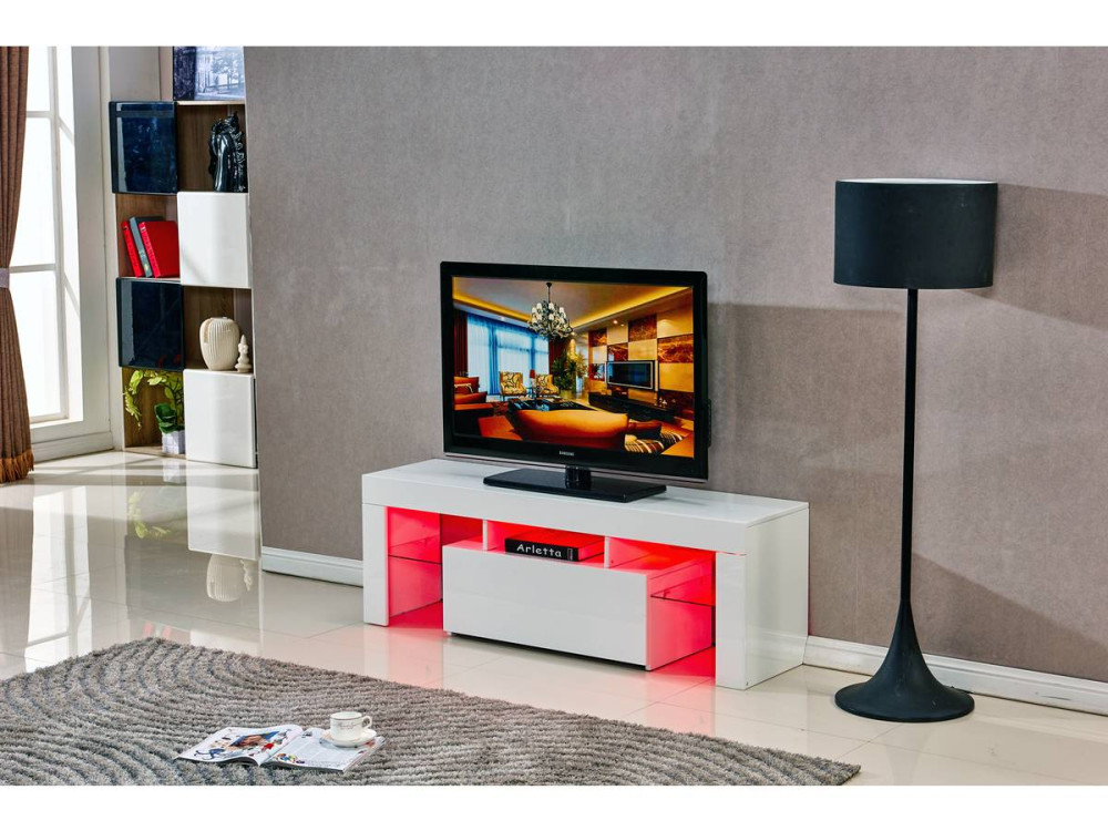 Meuble TV LED "Borda" - 130 x 34 x 45 cm - Blanc laqué