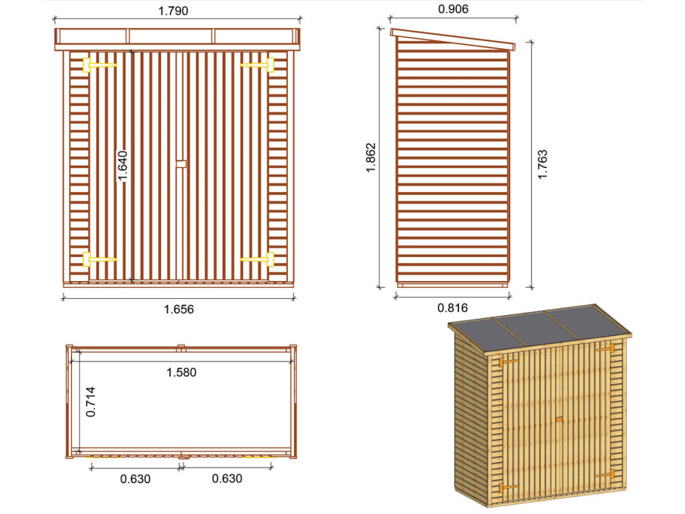 Abri jardin bois adossable "Lipki " - 1.79 x 0.9 x 1.78/1.87 m  - 1.61 m² - 12 mm - Avec plancher