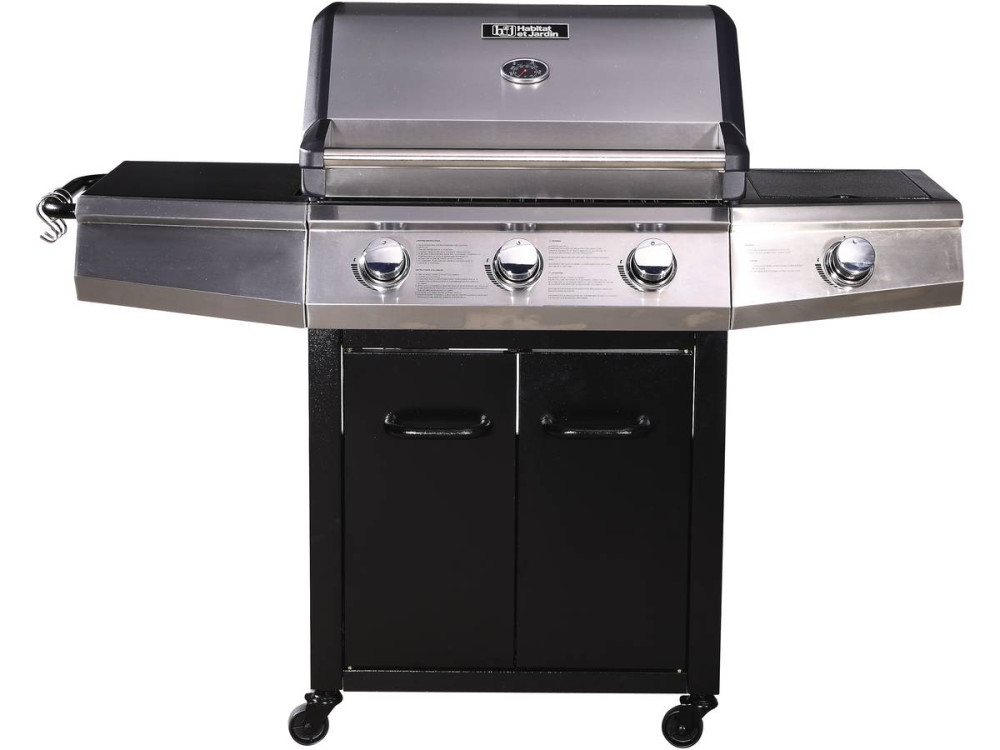 Barbecue Gaz avec LED "Bingo 4" - 4 brûleurs dont 1 latéral - 14kW + Housse protection - Noir