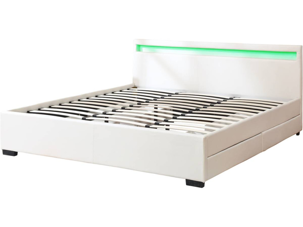 LIT LED double avec 4 tiroirs "Nico" - 180 x 200 cm - Blanc
