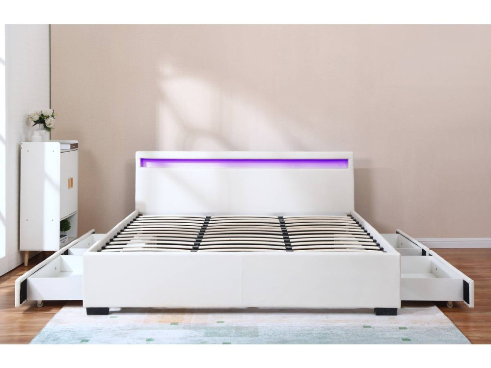 LIT LED double avec 4 tiroirs "Nico" - 180 x 200 cm - Blanc
