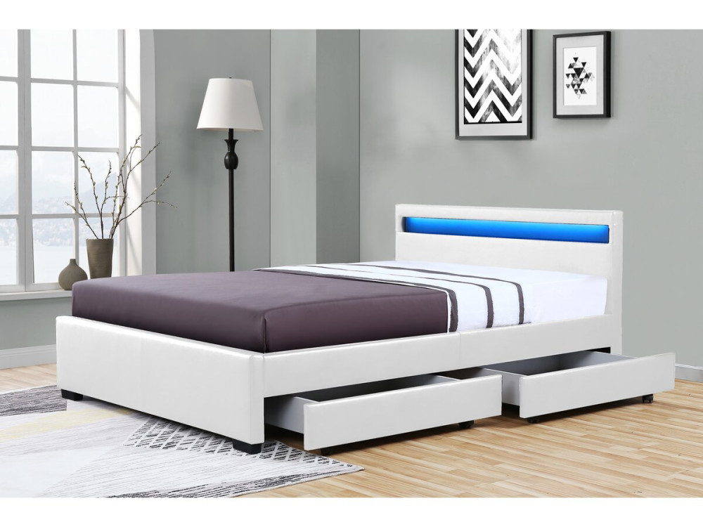 Lit LED avec 4 tiroirs "Nico"- 140 × 190 cm - Blanc
