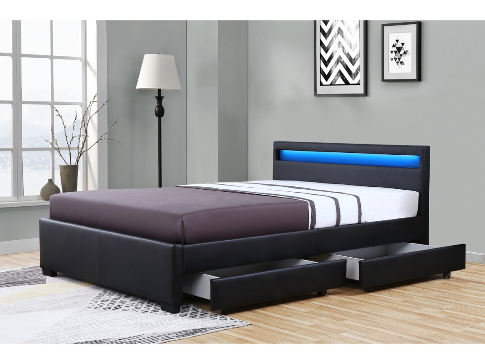 Lit LED avec 4 tiroirs "Nico" - 140 × 190 cm - Noir