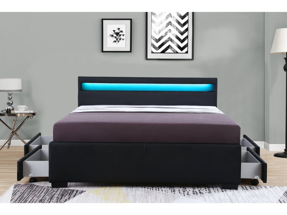 Lit LED avec 4 tiroirs "Nico" - 140 × 190 cm - Noir