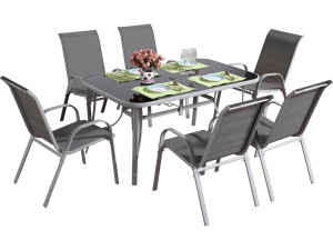 Salon de jardin textilène "cordoba + Porto" 6 personnes gris clair