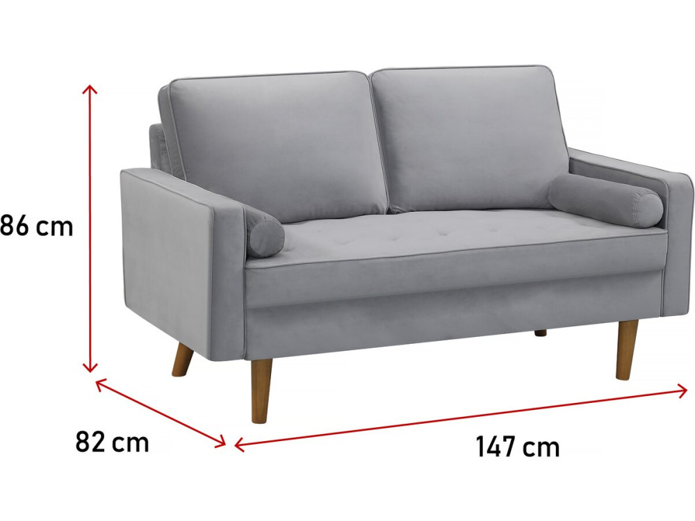 Canapé fixe en velours "Yannick" - 82 x 147 x 86 cm - 2 places - Gris clair.