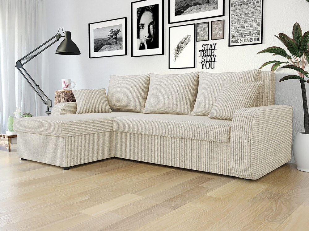 Canapé d'angle réversible convertible 3 places en velours côtelé beige