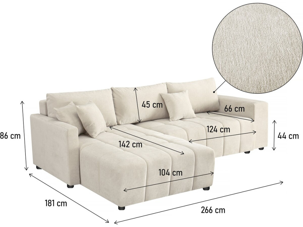 Canapé d'angle convertible tissu chenille 3 places - "Trocadero" - Crème