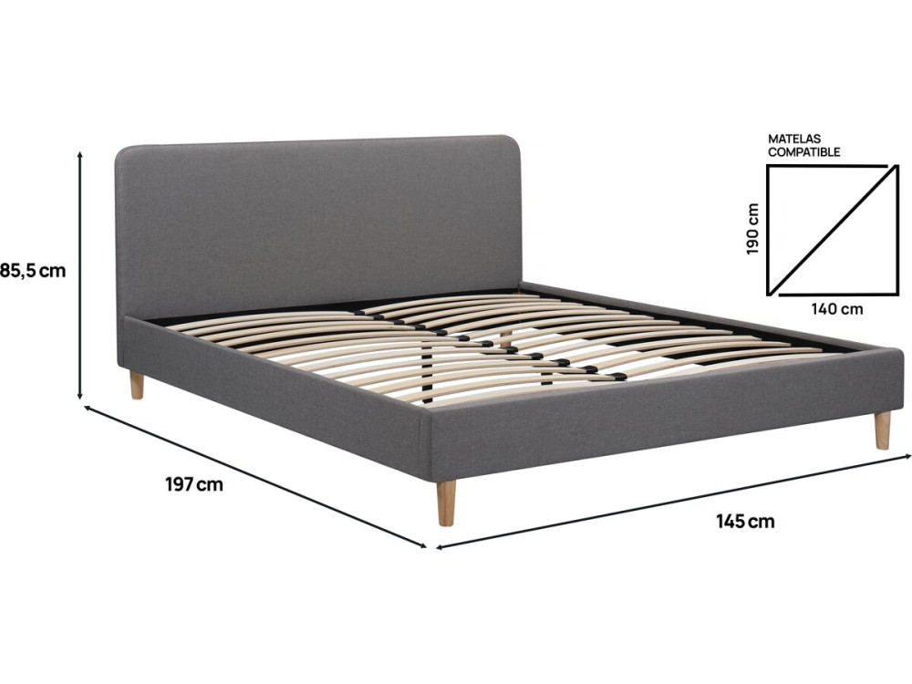 Lit double en tissu "Louise" - 140 x 190 cm - Gris