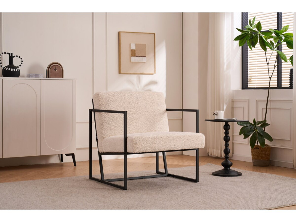 Fauteuil "Kennedy" en velours et métal - 73. 5 x 75.5 x 81 cm - Crème