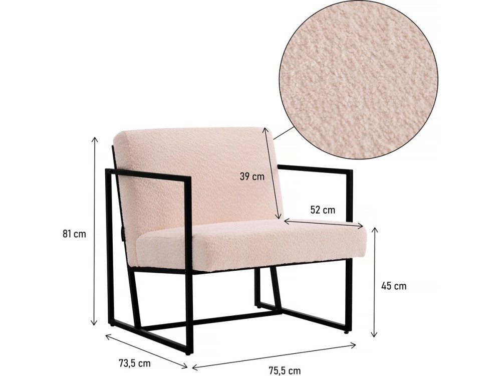 Fauteuil "Kennedy" en velours et métal - 73. 5 x 75.5 x 81 cm - Crème