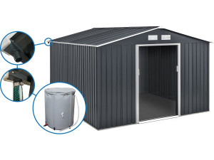 Abri de jardin métal - "Vegas"- 15 m² avec gouttière et récupérateur d'eau - Gris