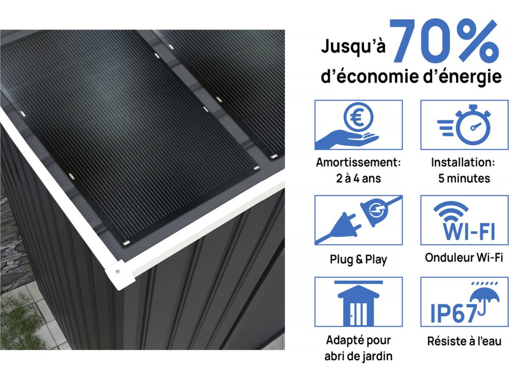 Abri de jardin métal - "Vegas" - 7.06 m² avec panneaux solaires - Gris