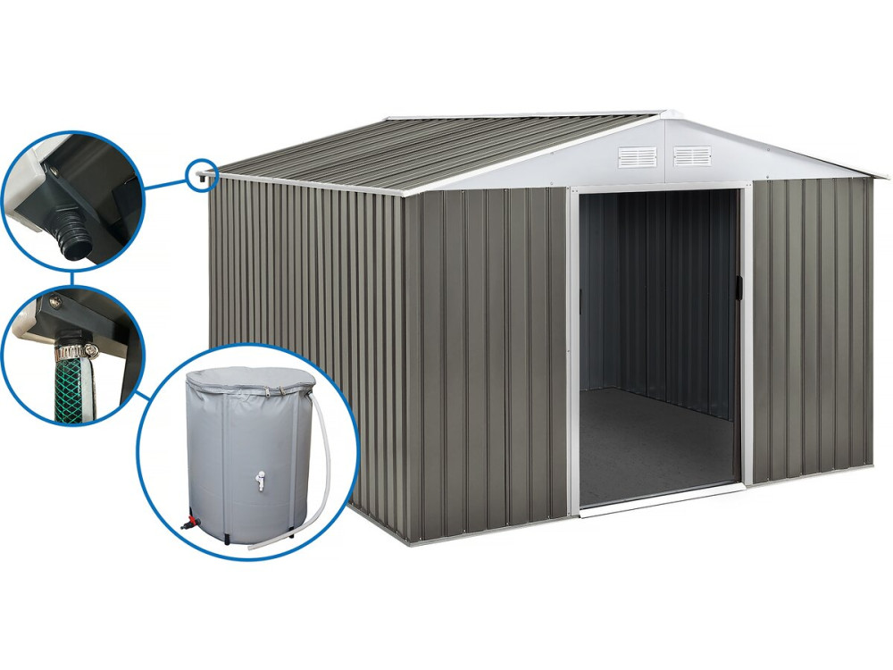 Abri jardin métal "Dallas" - 15,16 m² avec gouttière et récupérateur d'eau - Taupe