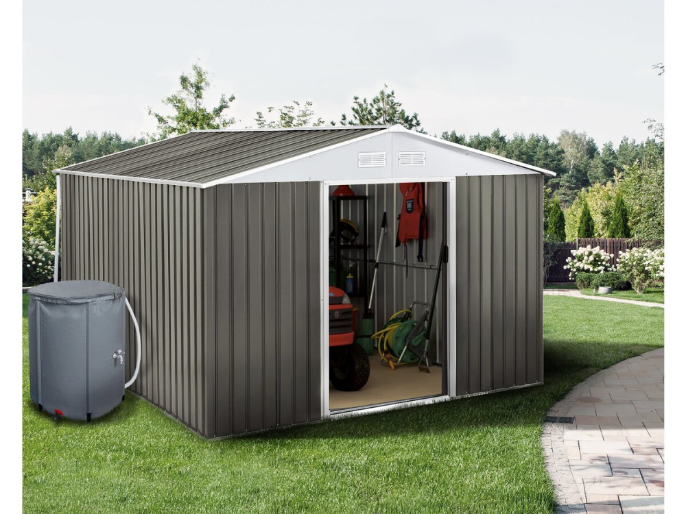 Abri jardin métal "Dallas" - 15,16 m² avec gouttière et récupérateur d'eau - Taupe