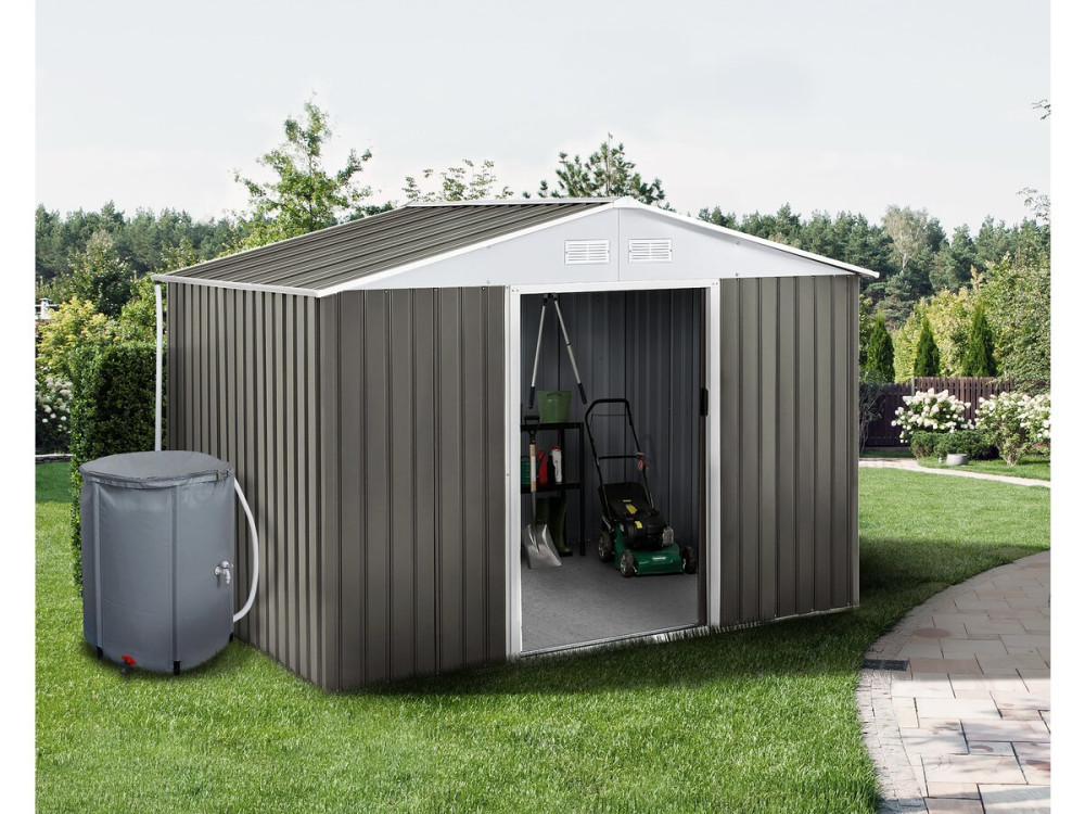 Abri jardin métal "Dallas"- 8.84m² avec gouttière et récupérateur d'eau - Taupe