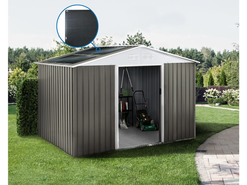 Abri jardin métal "Dallas" -8.84m² avec panneaux solaires - Taupe