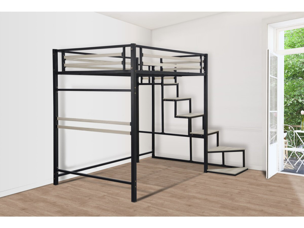 Lit mezzanine en métal avec escalier "LENA" - 140 x 190 cm - Noir