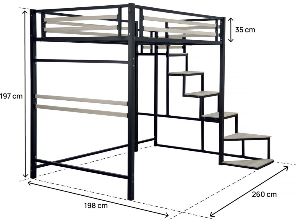 Lit mezzanine en métal avec escalier "LENA" - 140 x 190 cm - Noir