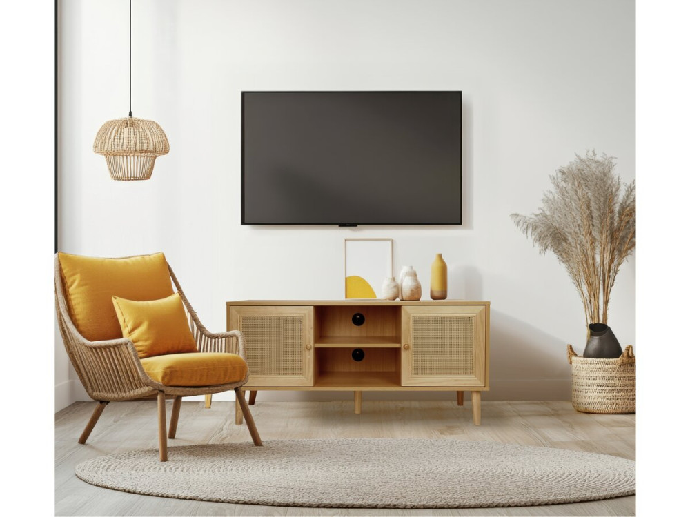 Meuble TV scandinave en cannage "Iguane" - 120 x 30 x 56.5 cm - Marron