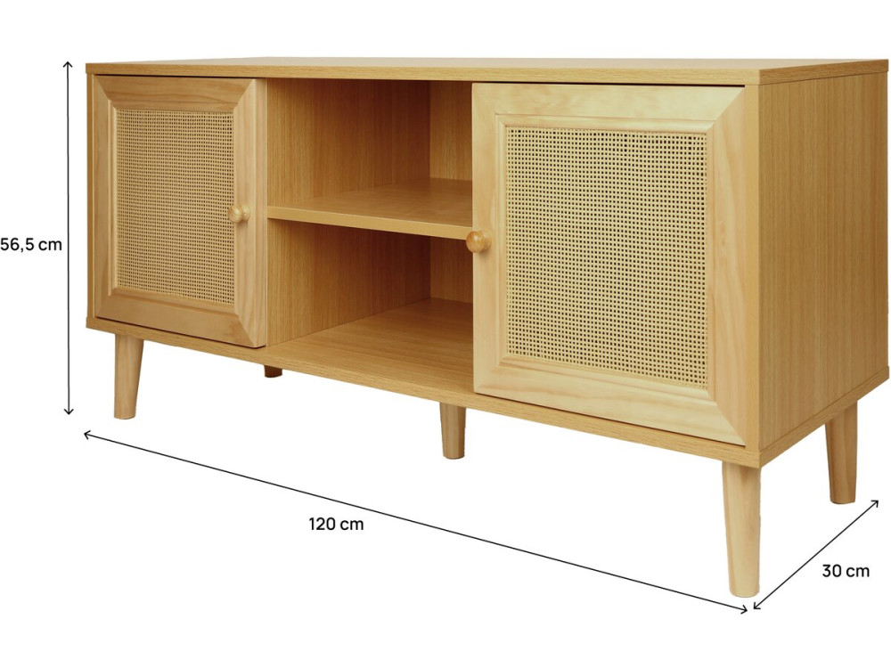 Meuble TV scandinave en cannage "Iguane" - 120 x 30 x 56.5 cm - Marron