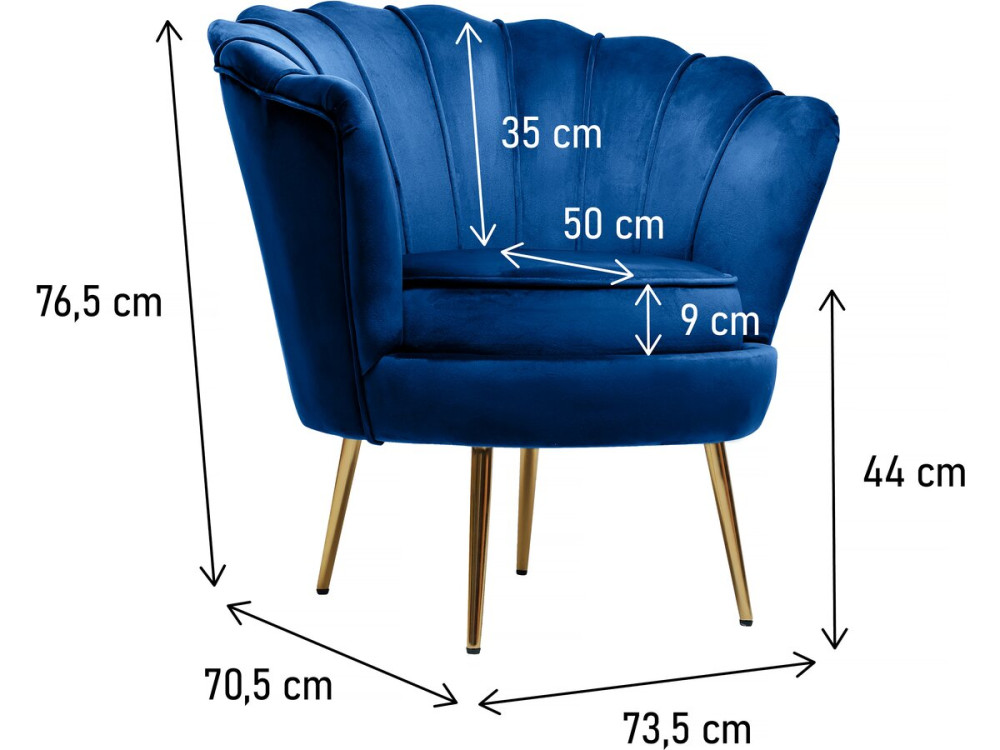 Fauteuil velours "Floria" - 70 x 73 x 76 cm - Bleu