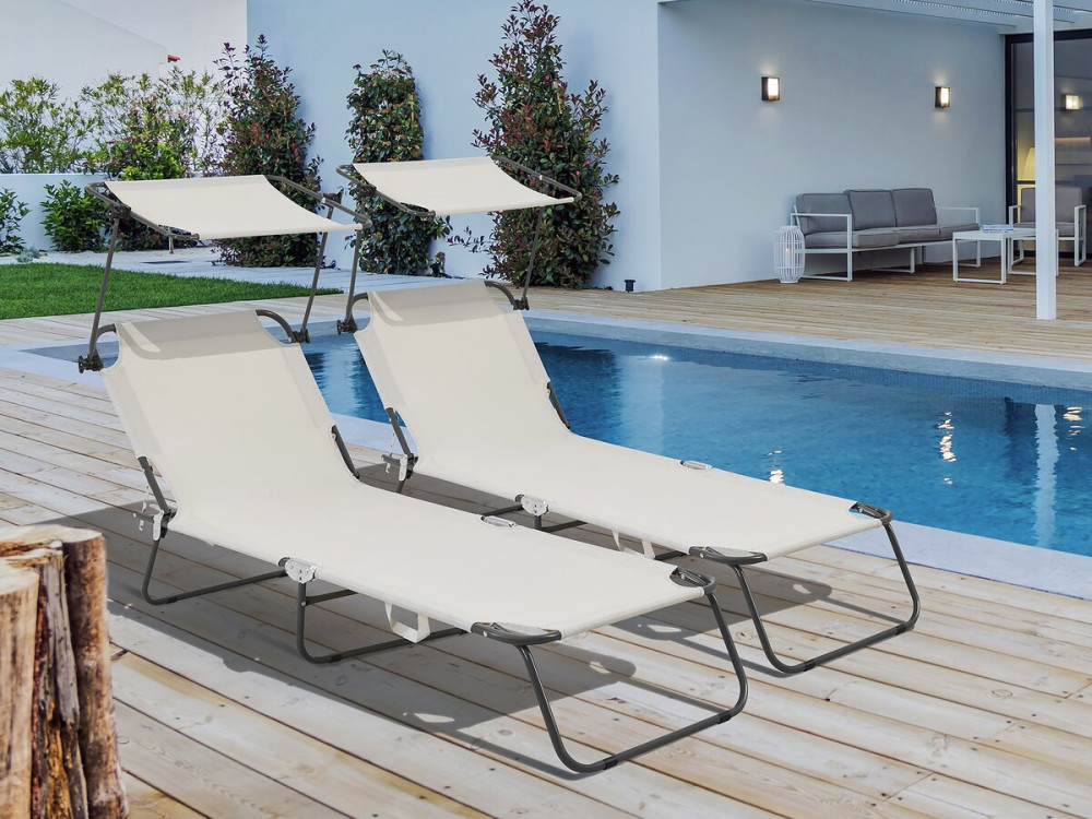 Lot de 2 bain de soleil pliable "Lazy" - Avec pare soleil - Beige